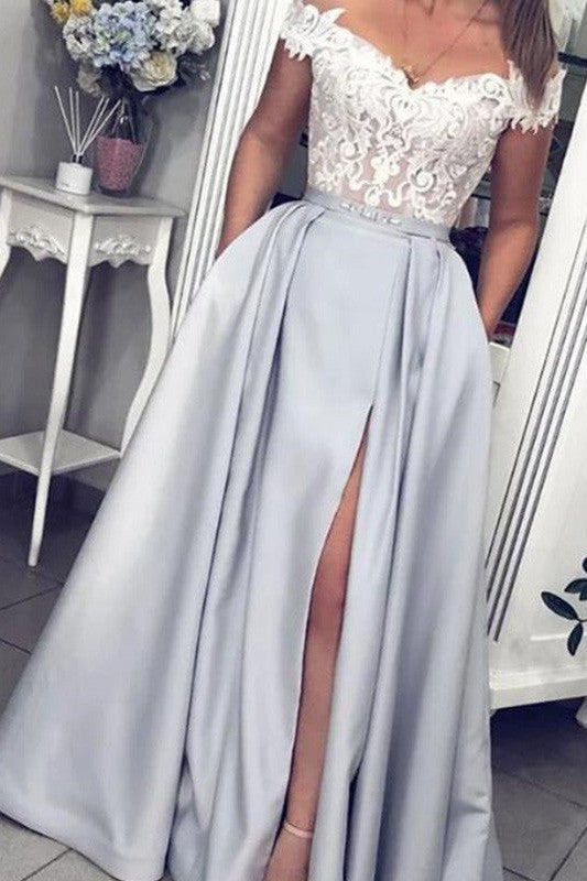 Gorgeous Satin Lace Sleeveless Off-the-Shoulder Long Prom Dress-ballbellauk