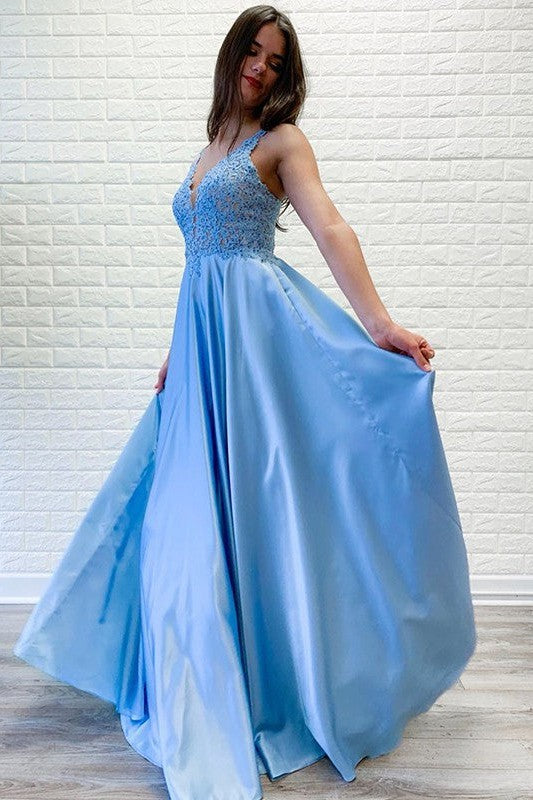 Gorgeous Satin Lace V-neck Sleeveless Prom Dress-ballbellauk