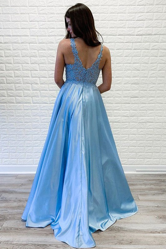 Gorgeous Satin Lace V-neck Sleeveless Prom Dress-ballbellauk