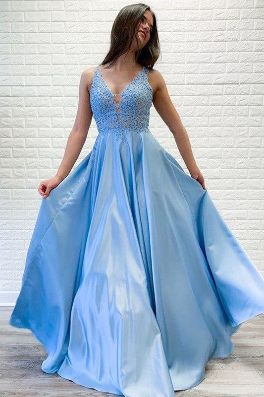 Gorgeous Satin Lace V-neck Sleeveless Prom Dress-ballbellauk