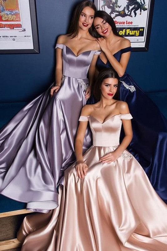 Gorgeous Satin Off-the-Shoulder Sleeveless Prom Dress-ballbellauk