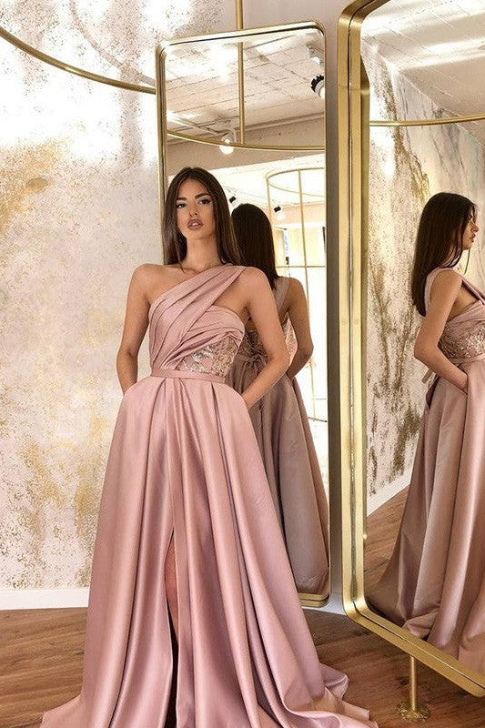 Gorgeous Satin Sleeveless Ruched One-Shoulder Prom Dress-ballbellauk