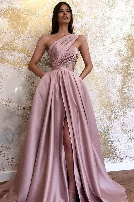 Gorgeous Satin Sleeveless Ruched One-Shoulder Prom Dress-ballbellauk