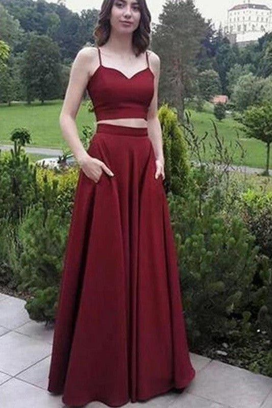 Gorgeous Satin Spaghetti-Straps Sleeveless Ruffles Long Two Piece Prom Dress-ballbellauk