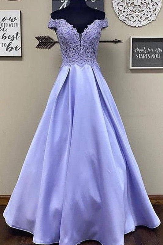 Gorgeous Satin With Appliques Off-the-Shoulder Sleeveless Long Prom Dress-ballbellauk