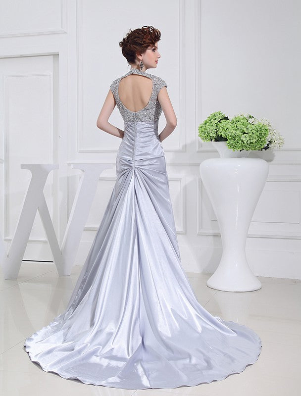 Gorgeous Scoop Long Beading Lace Elastic Woven Elegant Evening Dress-ballbellauk