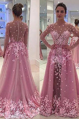 Gorgeous Scoop Long Sleeves With Appliques Tulle Long Prom Dress-ballbellauk