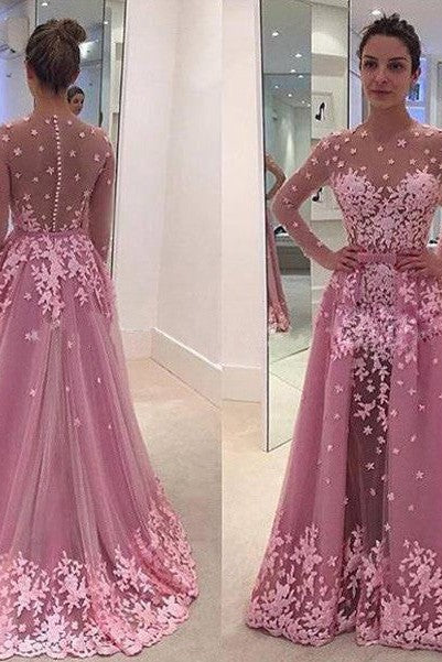 Gorgeous Scoop Long Sleeves With Appliques Tulle Long Prom Dress-ballbellauk