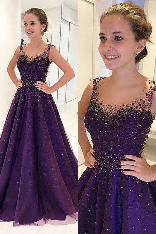 Gorgeous Scoop Long Tulle Beading Sleeveless Prom Dress-ballbellauk