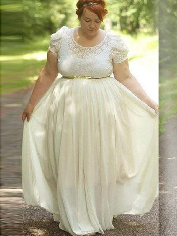 Gorgeous Scoop Short Sleeves Lace Long Chiffon Plus Size Prom Dress-ballbellauk