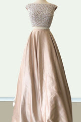 Gorgeous Scoop Sleeveless Long Beading Prom Dress with Satin-ballbellauk