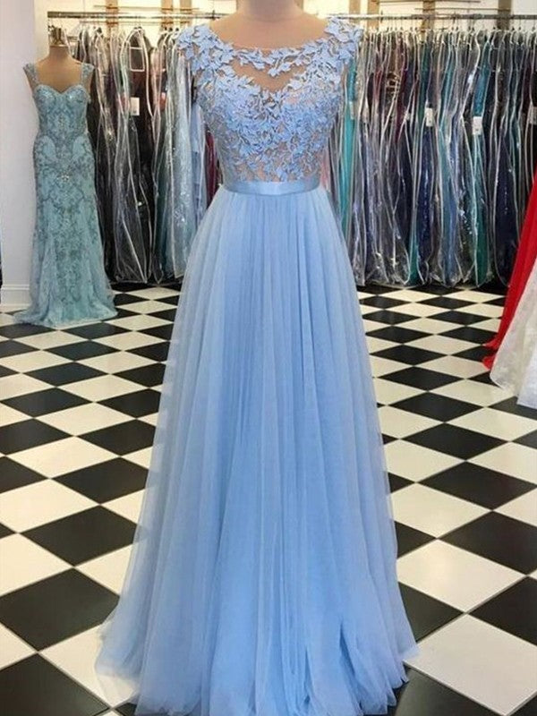 Gorgeous Scoop Sleeveless Long With Appliques Tulle Prom Dress online-ballbellauk