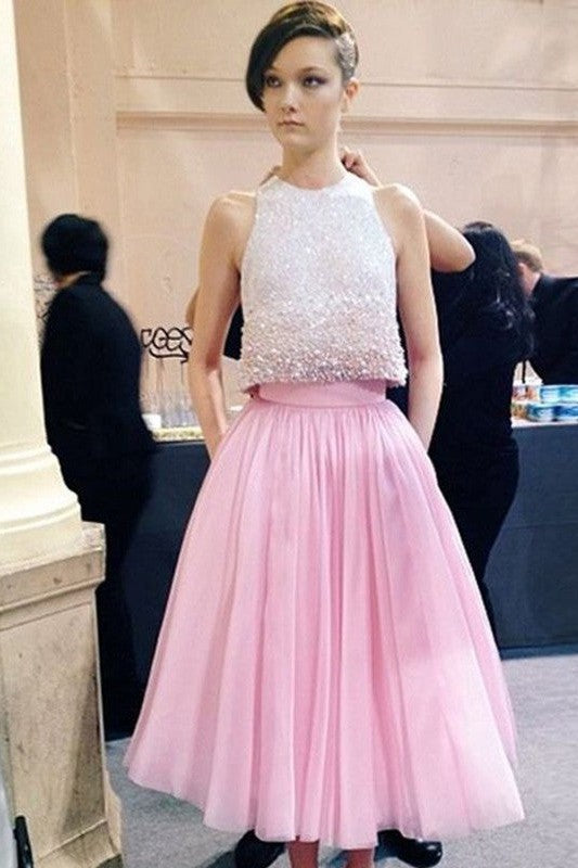 Gorgeous Scoop Sleeveless Tea-Length Tulle Prom Dress-ballbellauk