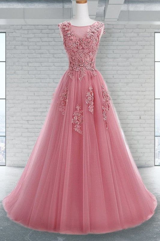 Gorgeous Scoop Sleeveless With Appliques Tulle Prom Dress online-ballbellauk