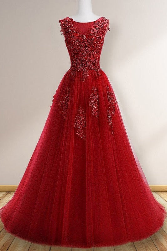 Gorgeous Scoop Sleeveless With Appliques Tulle Prom Dress online-ballbellauk