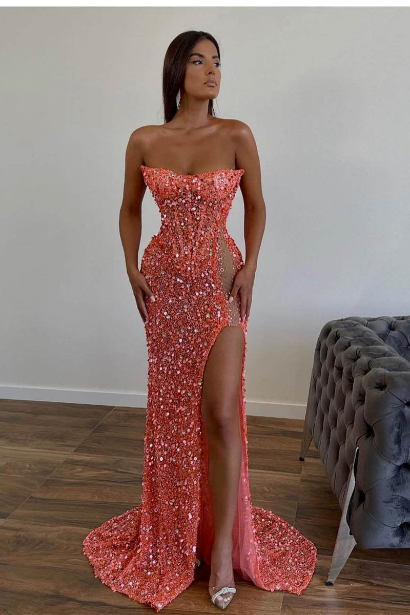 Gorgeous Sequins Mermaid Sweetheart Prom Dress UK With Sleeveless Orange Split-ballbellauk