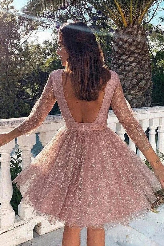 Gorgeous Sequins Ruffles 3/4 Sleeves Scoop Homecoming Dress-ballbellauk