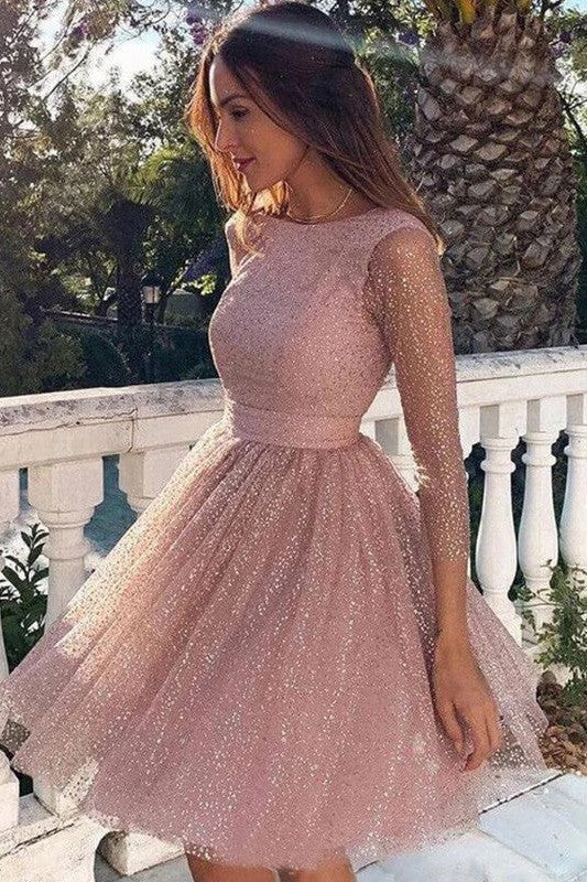 Gorgeous Sequins Ruffles 3/4 Sleeves Scoop Homecoming Dress-ballbellauk