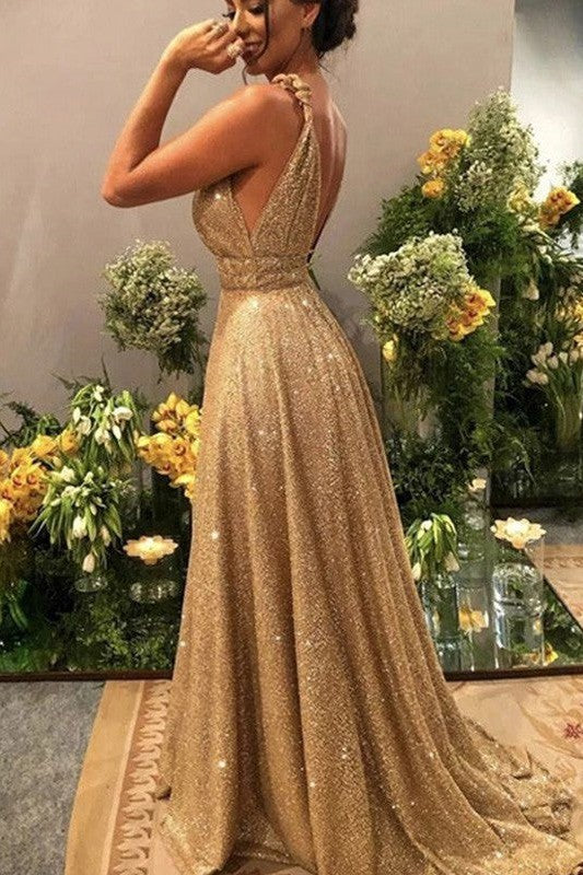 Gorgeous Sequins Straps Beading Sleeveless Prom Dress-ballbellauk