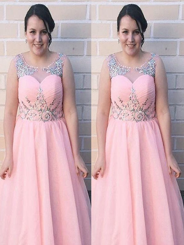 Gorgeous Sheer Neck Beading Sleeveless Long Chiffon Plus Size Prom Dress-ballbellauk