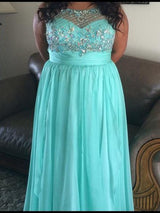 Gorgeous Sheer Neck Beading Sleeveless Long Chiffon Plus Size Prom Dress-ballbellauk