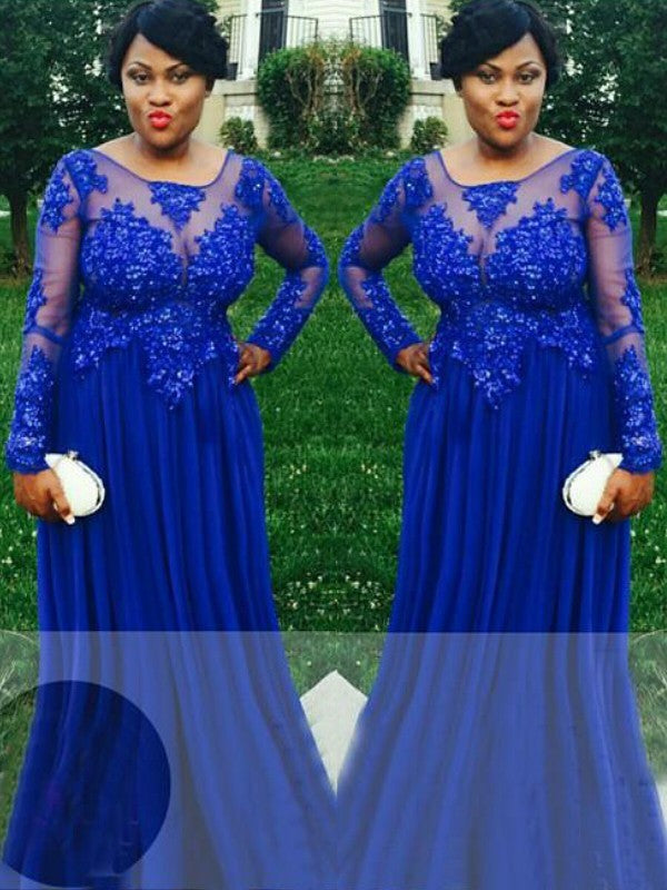 Gorgeous Sheer Neck Long Sleeves With Appliques Long Chiffon Plus Size Prom Dress-ballbellauk