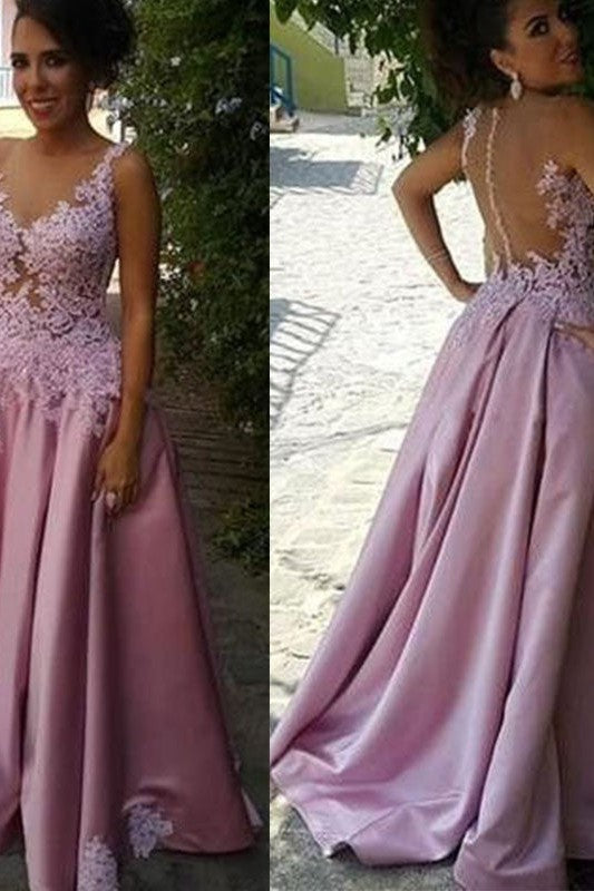 Gorgeous Sheer Neck Sleeveless With Appliques Prom Dress Long Online-ballbellauk