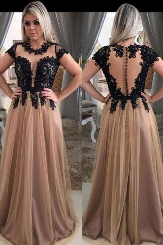 Gorgeous Short Sleeves Scoop With Appliques Tulle Prom Dress online-ballbellauk