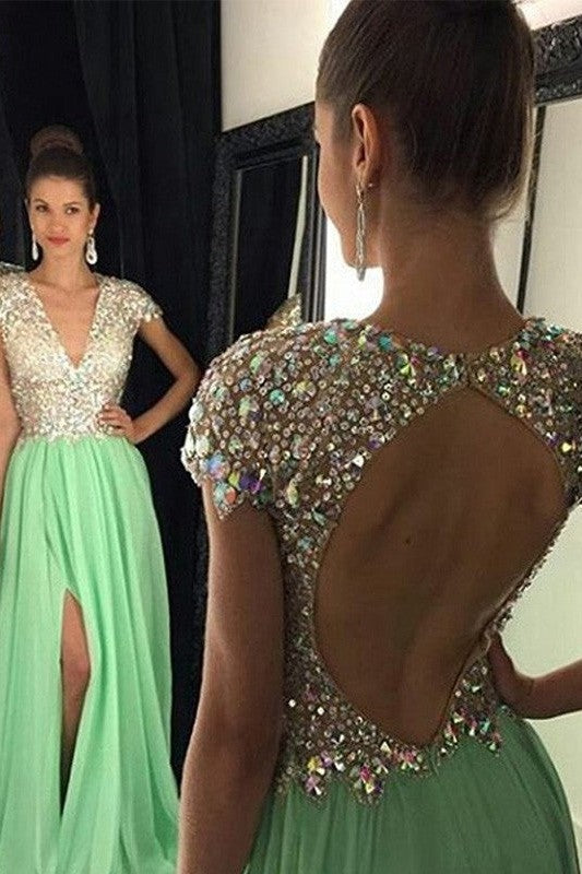 Gorgeous Short Sleeves V-neck Chiffon Sequin Long Prom Dress-ballbellauk