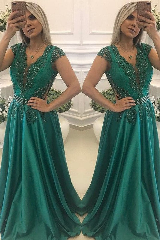 Gorgeous Short Sleeves V-neck Long Beading Elegant Evening Dress-ballbellauk