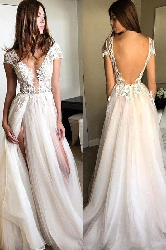 Gorgeous Short Sleeves V-neck With Appliques Tulle Prom Dress online-ballbellauk