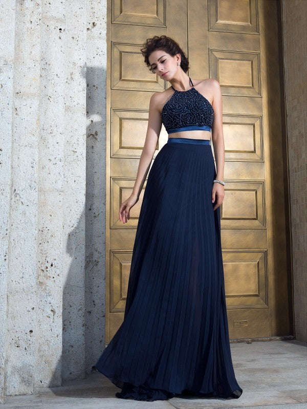 Gorgeous Spaghetti-Straps Pleats Sleeveless Long Chiffon Two Piece Prom Dress-ballbellauk