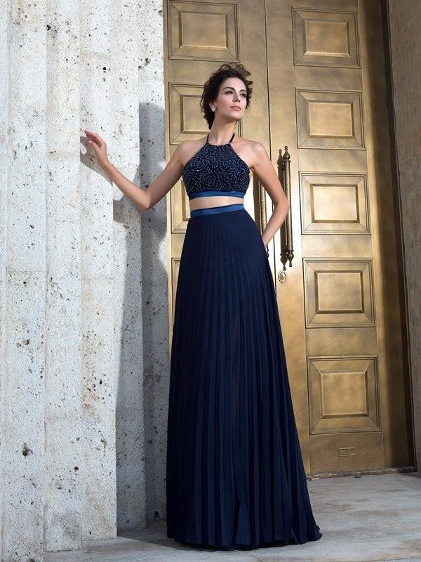 Gorgeous Spaghetti-Straps Pleats Sleeveless Long Chiffon Two Piece Prom Dress-ballbellauk