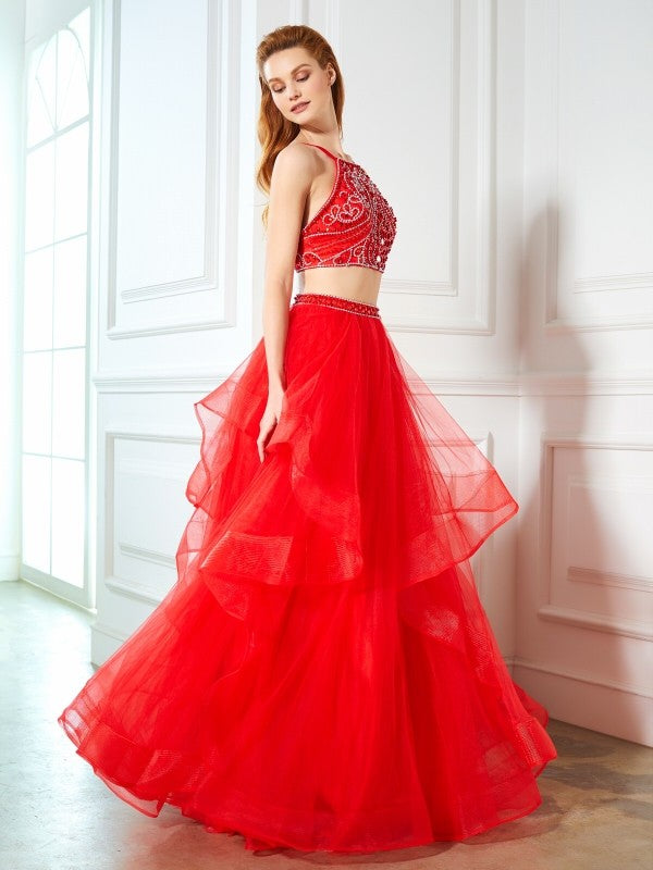 Gorgeous Spaghetti-Straps Sleeveless Long Beading Tulle Two Piece Prom Dress-ballbellauk