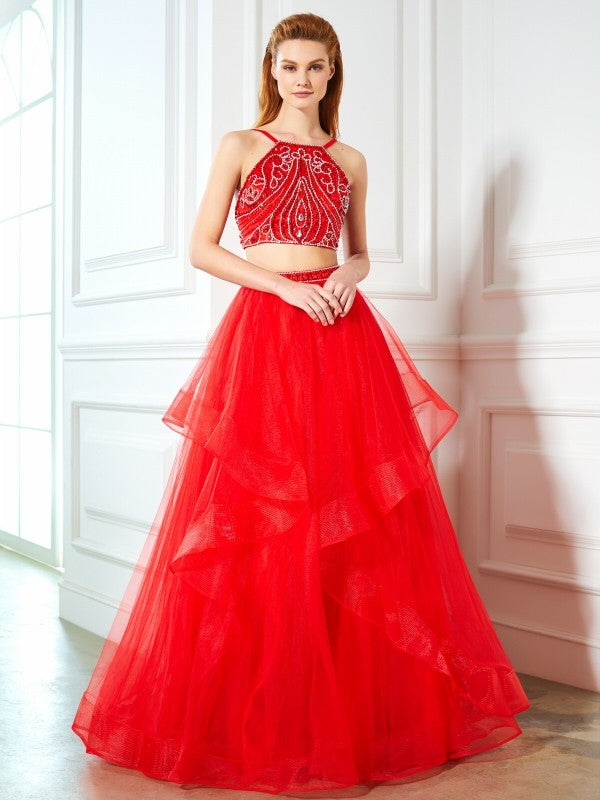 Gorgeous Spaghetti-Straps Sleeveless Long Beading Tulle Two Piece Prom Dress-ballbellauk