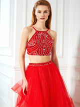 Gorgeous Spaghetti-Straps Sleeveless Long Beading Tulle Two Piece Prom Dress-ballbellauk