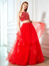 Gorgeous Spaghetti-Straps Sleeveless Long Beading Tulle Two Piece Prom Dress-ballbellauk