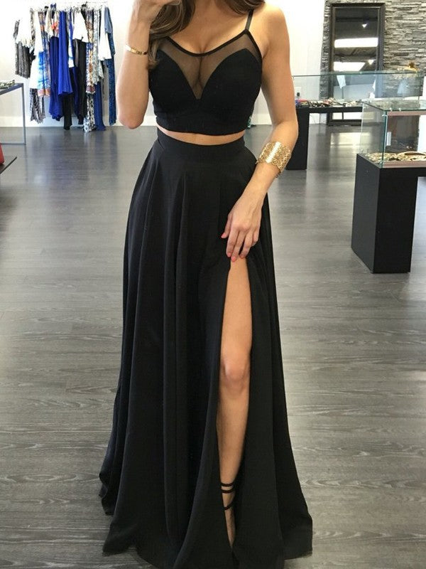 Gorgeous Spaghetti-Straps Sleeveless Long Chiffon Two Piece Prom Dress-ballbellauk