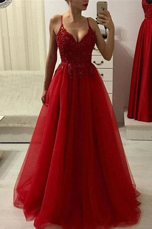 Gorgeous Spaghetti-Straps Sleeveless Long With Appliques Tulle Prom Dress online-ballbellauk