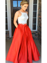 Gorgeous Spaghetti-Straps Sleeveless Satin Long Lace Two Piece Prom Dress-ballbellauk