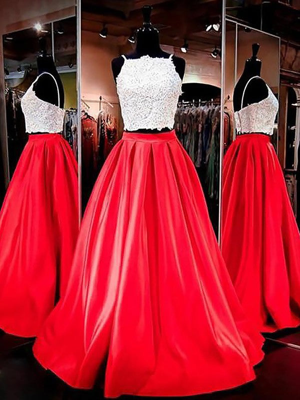 Gorgeous Spaghetti-Straps Sleeveless Satin Long Lace Two Piece Prom Dress-ballbellauk