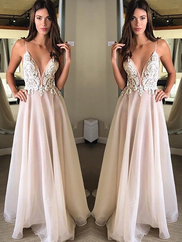 Gorgeous Spaghetti-Straps Sleeveless With Appliques Evening Dress Chiffon-ballbellauk