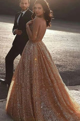 Gorgeous Spaghetti-Straps Tulle Sequin Sleeveless Prom Dress-ballbellauk