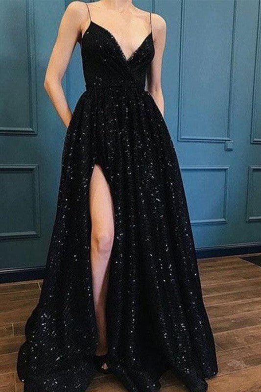 Gorgeous Spaghetti-Straps V-neck Sweep/Brush Sequins Train Prom Dress-ballbellauk