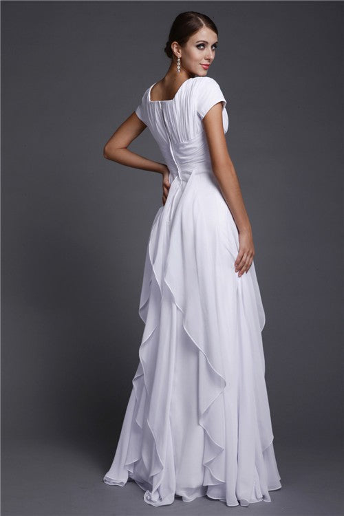 Gorgeous Square Neck Short Sleeves Ruffles Long Evening Dress Chiffon-ballbellauk