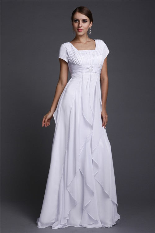 Gorgeous Square Neck Short Sleeves Ruffles Long Evening Dress Chiffon-ballbellauk