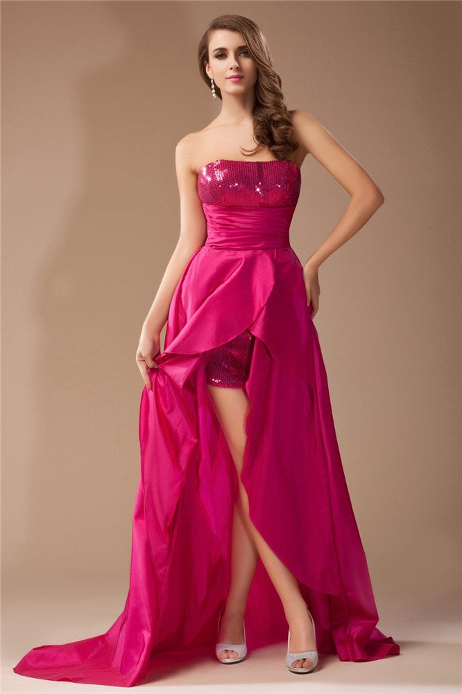 Gorgeous Strapless Sequin Lace Sleeveless Hi-Lo Evening Dress-ballbellauk