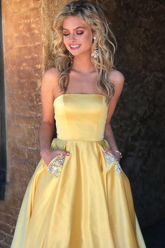 Gorgeous Strapless Sleeveless Beading Prom Dress with Satin-ballbellauk