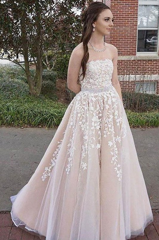 Gorgeous Strapless Sleeveless Long With Appliques Tulle Prom Dress-ballbellauk