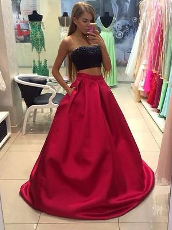 Gorgeous Strapless Sleeveless Tulle Long Beading Two Piece Prom Dress-ballbellauk